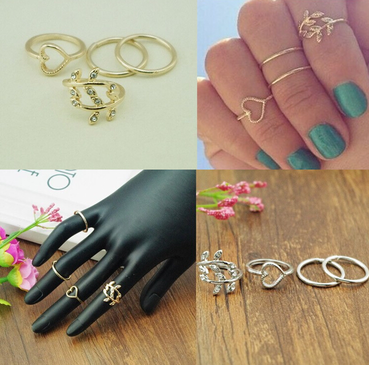 

Fashion Silver Gold Sweetheart Tree Leaf Leaves Nail Band Mid-Finger Ring Set for Women Knuckle Ring jewelry 1Set=4pcs