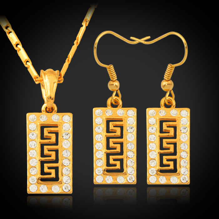 Vintage Geometry Cube Pendant Earrings Choker Neckace 18K Gold Plated Austrian Rhinestone Fashion Jewelry Set For Women YS742-image-175412253