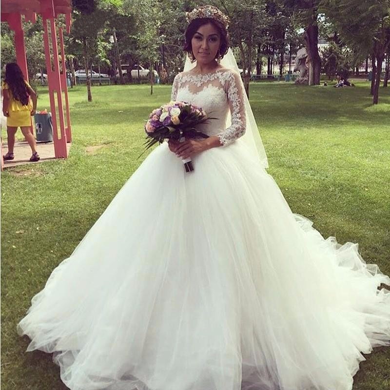 

Long Sleeve Sheer Lace Wedding Dresses 2016 A-Line Vestido de Festa Ruffles Pleats Long Bride Gowns Spring Full Autum, Same as image