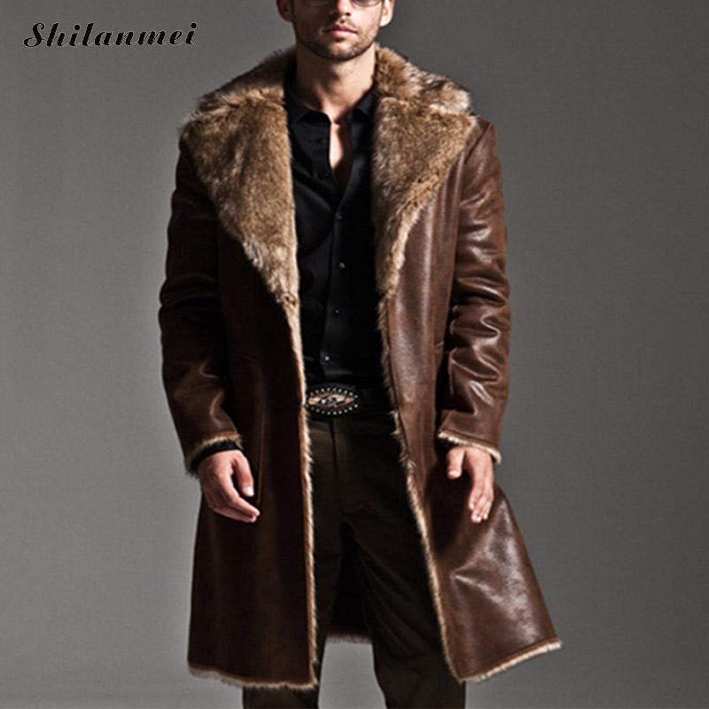 

Wholesale- New Fashion Men Winter Fur Leather Jacket Long Coats Both sides wear Thick Waterproof Reversible Men Overcoat Male Plus size 7XL, Black