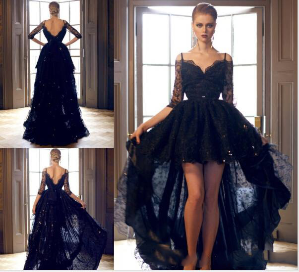 

Black Prom Dresses Gorgeous Lace Evening Dress V Neck Half Sleeve High Low Floor Length Vestidos Sequined Backless Vestido, Fuchsia