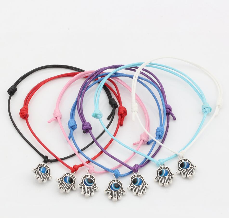 

Hot ! 50pcs Hamsa Hand String Evil Eye Lucky Mixed color wax Cord Spiritual Bracelets Success Protection