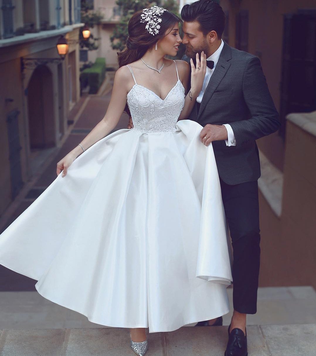 

Said Mhamad Cheap Lace Wedding Dresses A Line Straps V Neck Bridal Gowns Tea Length Satin Vestido De Novia, Pink