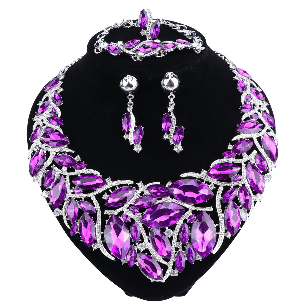 

Fashion Purple Rhinestones Crystal Statement Necklace Earrings Bridal Jewelry Sets Decoration Necklaces Jewellery Gifts for Women, Silver