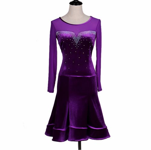 

2020 Latin Dance Dress Velvet Salsa Dance Competition Dresses Samba Latin Style Costumes D0208 Mesh Sleeve Rhinestones, Purple