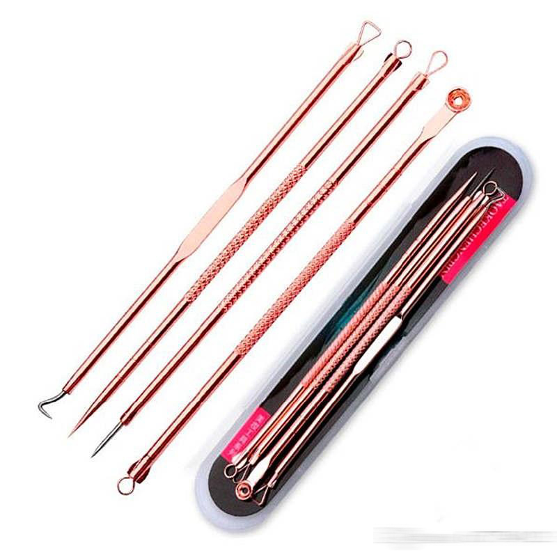 

4Pcs Rose Gold Blackhead Pimple Blemish Extractor Remover Tools Black Head Acne Remover Needle Facial Tool Kit Set Make Up Skin Care Product