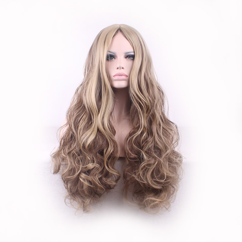 

WoodFestival long wavy hair wigs synthetic curly ombre blonde flax color fiber hair women heat resistant wig good quality 75cm, Mix color