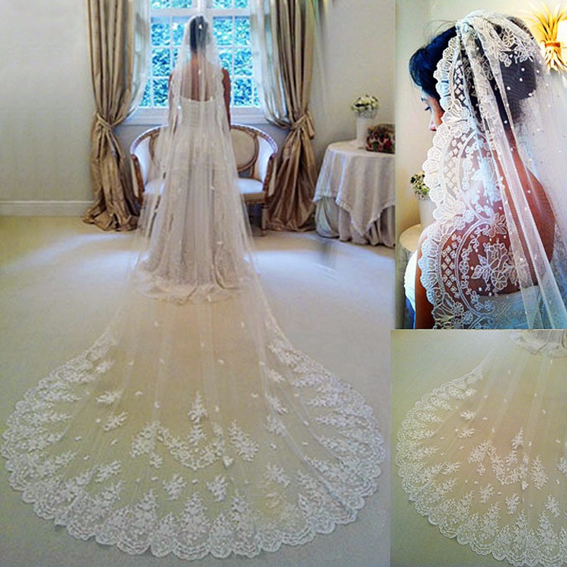 

Lace Cathedral Wedding Veil With Comb Wedding Accessories 3.5*2 Meters Long Bridal Veils Velos De Novia Casamento Hijab Free Shipping, White