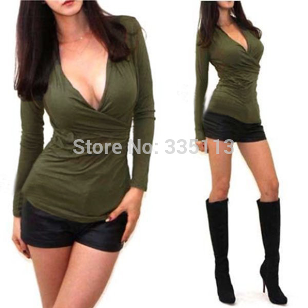 

New Design 2015 Women Fashion Clothes Sexy V-Neck Low Cut Wrap Cross Long Sleeve Shirts Blouse Tops Plus Size -XL, White