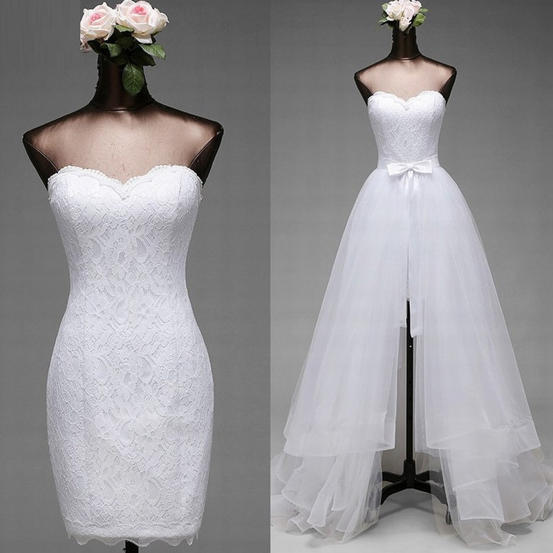 

Gorgeous Two in One Wedding Dress with Detachable Skirt Short Mini Lace Dresses Long Tulle Overskirt Cheap High Quality Bridal Gowns, Ivory