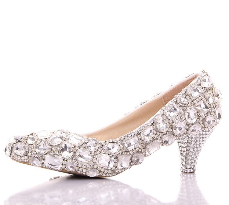 

Spring Luxurious Rhinestone Wedding Shoes Both Side Big Crystal Bridesmaid Shoes Graduation Party Prom Shoes Lady Formal Middle Heel Shoes, Silver
