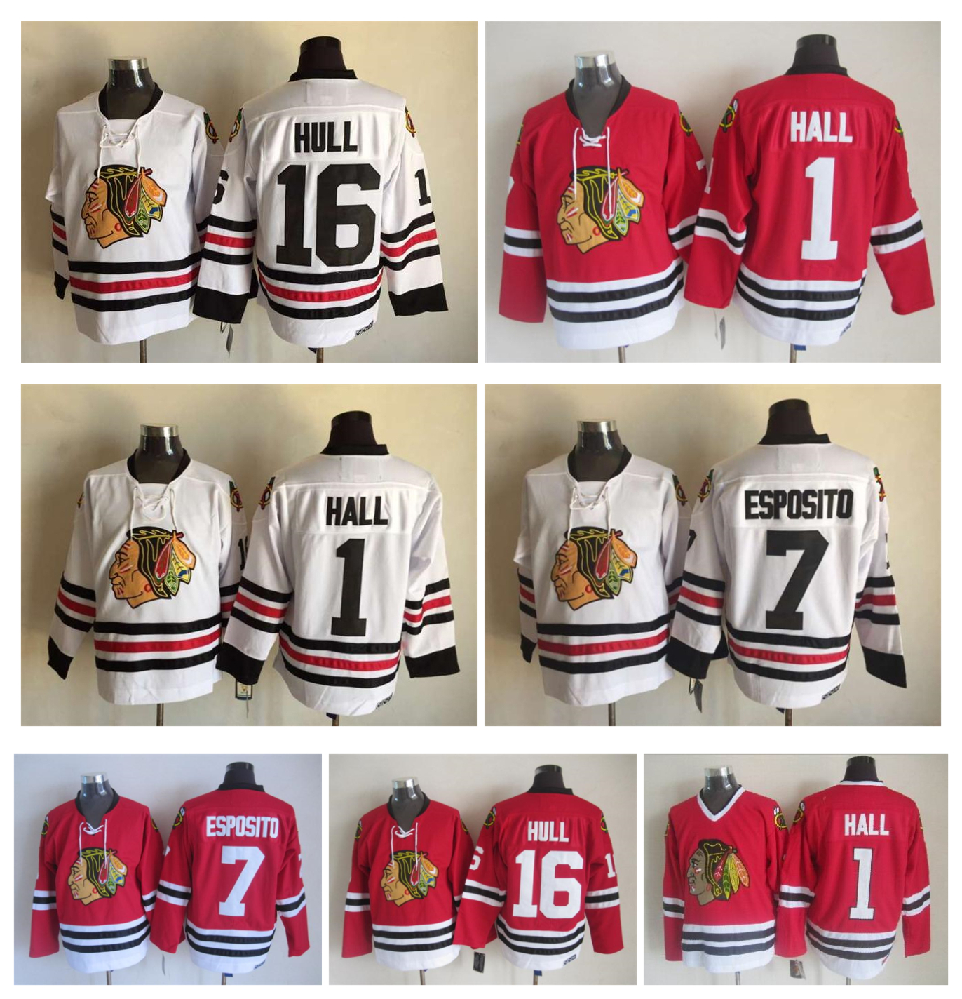 

Chicago Blackhawks Hockey Jersey 1 Glenn Hall 7 Phil Esposito 16 Brett Hull Vintage CCM Authentic 100% Stitched Jerseys, As pic