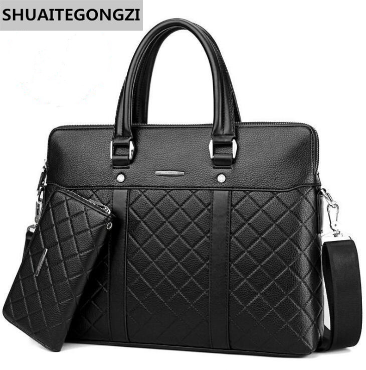 

Factory wholesale brand men's bags business embossed men briefcase fashion double leather handbags gentleman Plaid handbags plaid Wallet, Black1