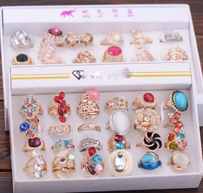 

24pcs/lot Mix Style Open Adjustable Fashion Crystal Jewelry Cluster Rings For Gift Craft RI15*
