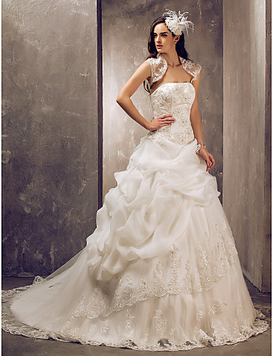 

2016 New Hot Fashion Free Shipping Elegant Ball Gown Ivory Sweep/Brush Train Strapless Appliques Organza/Lace Luxurious Wedding Dresses 155