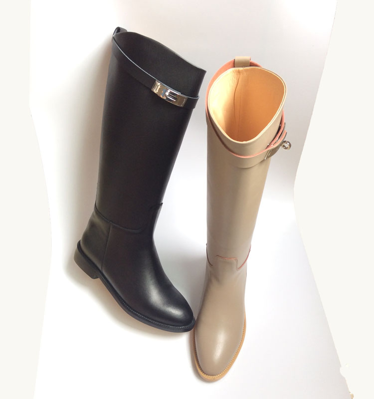 

best quality! free ship! u503 40/41/42 genuine leather buckle knee high boots h black grey luxury classic flat ridding celeb, Grey/ask size first