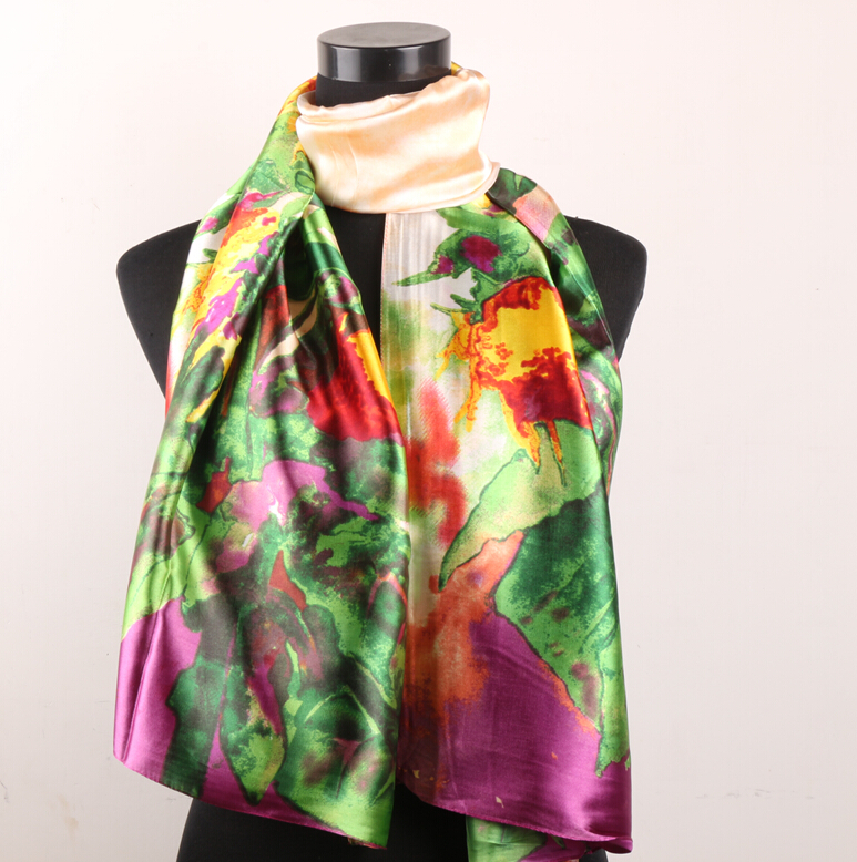 

1pcs Peach Color Red Gold Flowers Green Purple Leaves Scarves Women's Fashion Satin Oil Painting Long Wrap Shawl Beach Silk Scarf 160X50cm