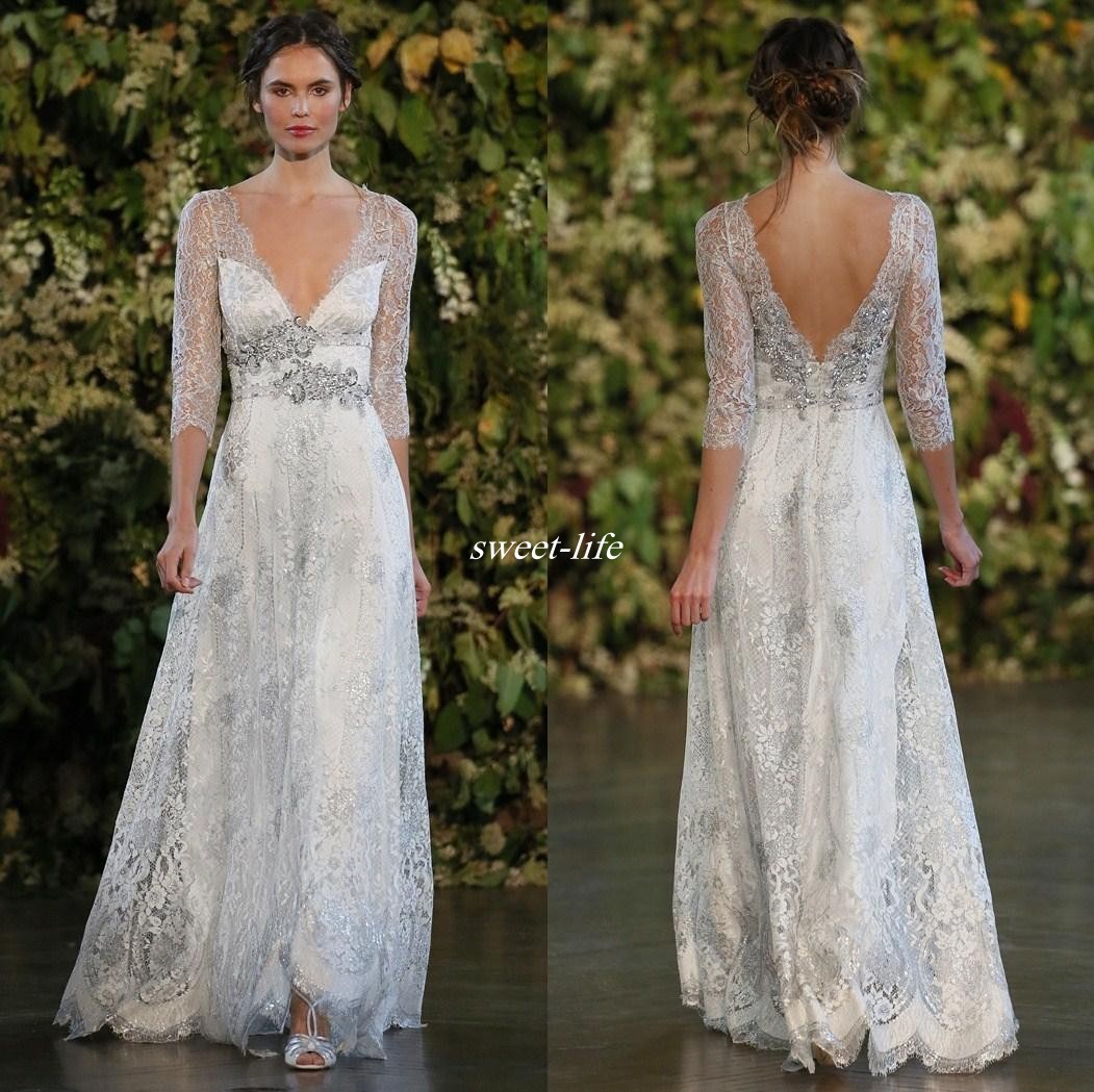

Vintage 2019 Silver Lace Wedding Dresses A Line Plunging V-neck Open Low Back Beaded Belt Sheer Long Sleeves Floor Length Cheap Bridal Gowns, White