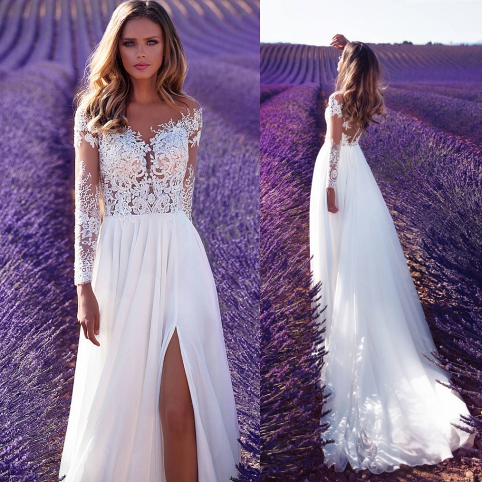 

Milla Nova Wedding Dresses Lavender Dreams Sheer Long Sleeves Country Bridal Gowns Sexy Side Split Lace Chiffon A-Line Wedding Dress, Pink
