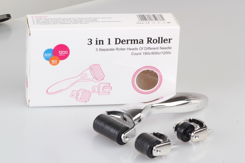 

3 in 1 Derma Roller,3 separate roller heads of different needle count 180c/600c/1200c silver handle black roller head 20pcs/lot DHL