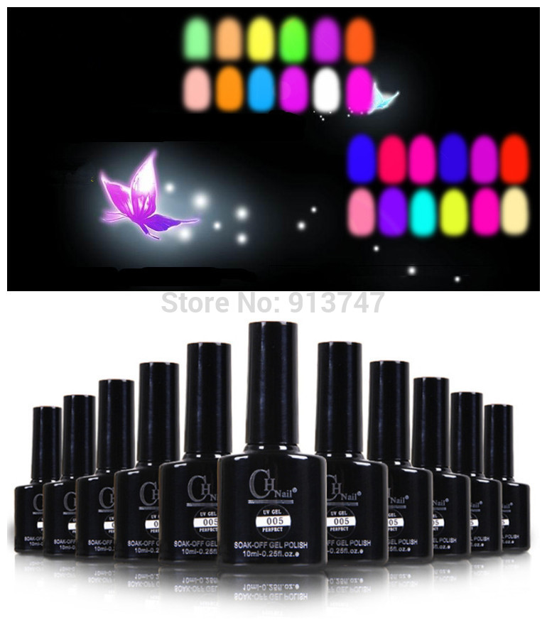 

Wholesale-New Hot Sale Colors Fluorescent Luminous Neon Glow In the Dark Varnish Nail Soak off Gel Polish 10ml 6pcs/lot Free shipping