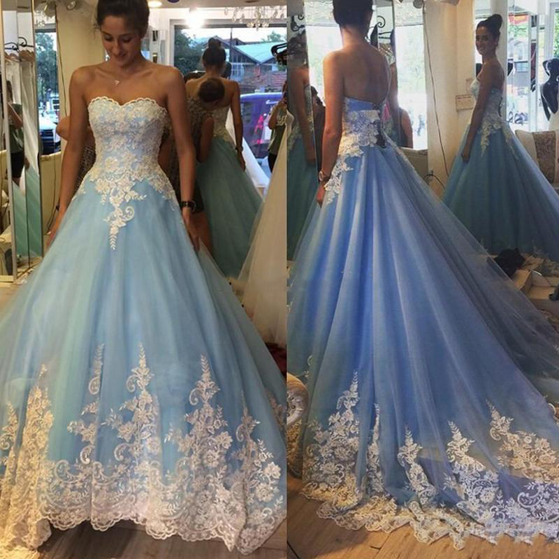 

2017 Light Sky Blue Ball Gown Prom Dresses Sweetheart White Appliques Tulle Long Quinceanera Dress Sweet 16 Dresses Sweep Train Back Lace Up, Green