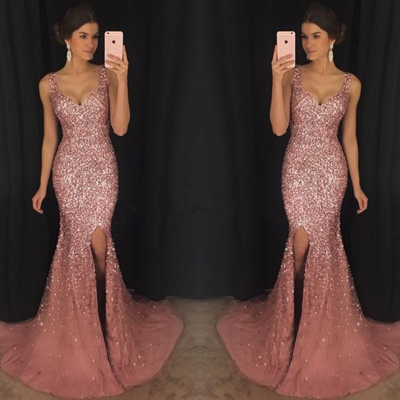 

Gorgeous Sparkly V-Neck Mermaid Formal Pageant Dresses Lxuxry Crystal Beaded Prom Dress Major Beading Split Sweep Train Evening Dress, Light sky blue