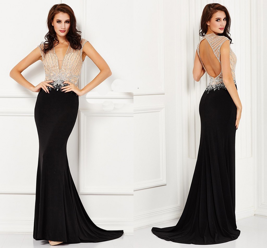 Gorgeous Angela And Alison Formal Evening Dresses Deep V-Neck Backless Heavy Beaded Handmade Mermaid Black Long Evening Party Prom Dresses