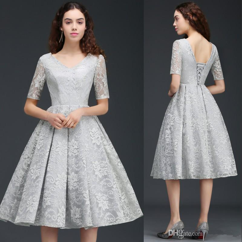 2021 Elegant Short Mother Of The Bride Dresses V-Neck Silver Lace A Line Prom Dresses Evening Party Gowns-image-407094661