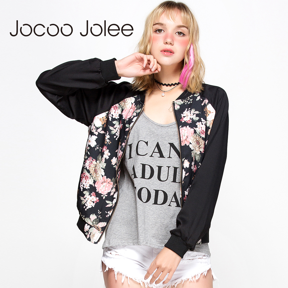 

Wholesale-Jocoo Jolee Apparel Color Block Women Jacket Coat Casual Floral Embroidery Loose Female Bomber Jacket Streetwear Tops For Ladies, Black