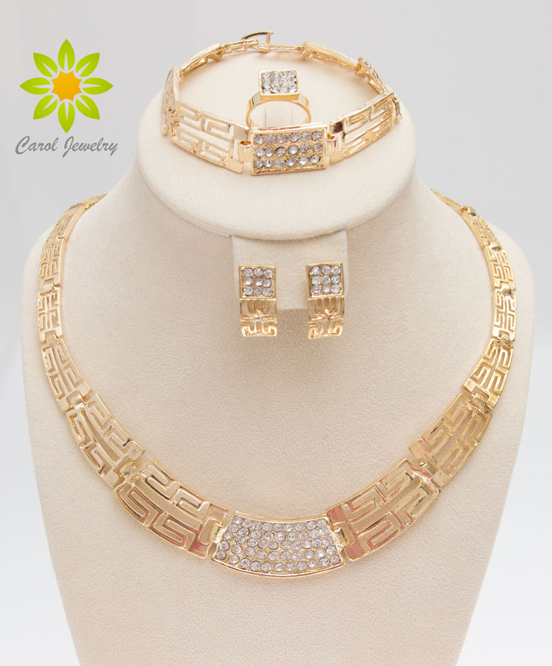 

Free Shipping Dubai 18K Gold Plated Costume Necklace Sets Fashion Crystal Women Party Accessories Costume Jewelry sets, Golden