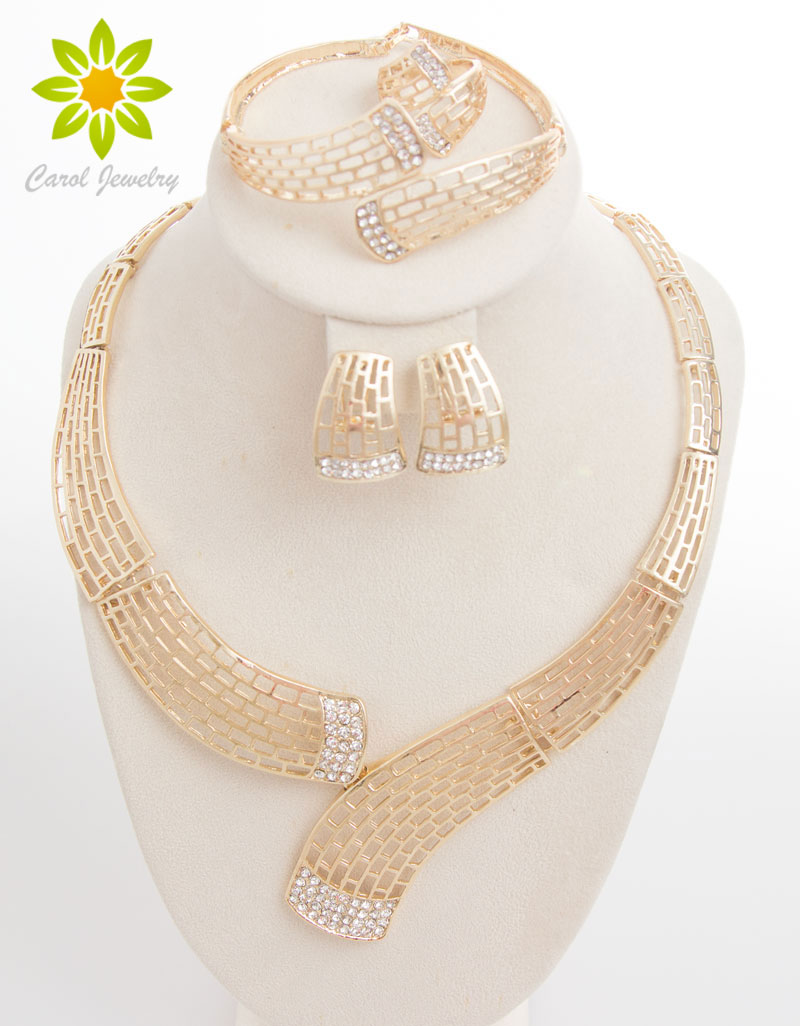 

Hot Sale African Beads Jewelry Sets Wedding Gold Crystal Necklace Ring Bracelet Earrings Party Women Fashion Bridal Accessories, Golden