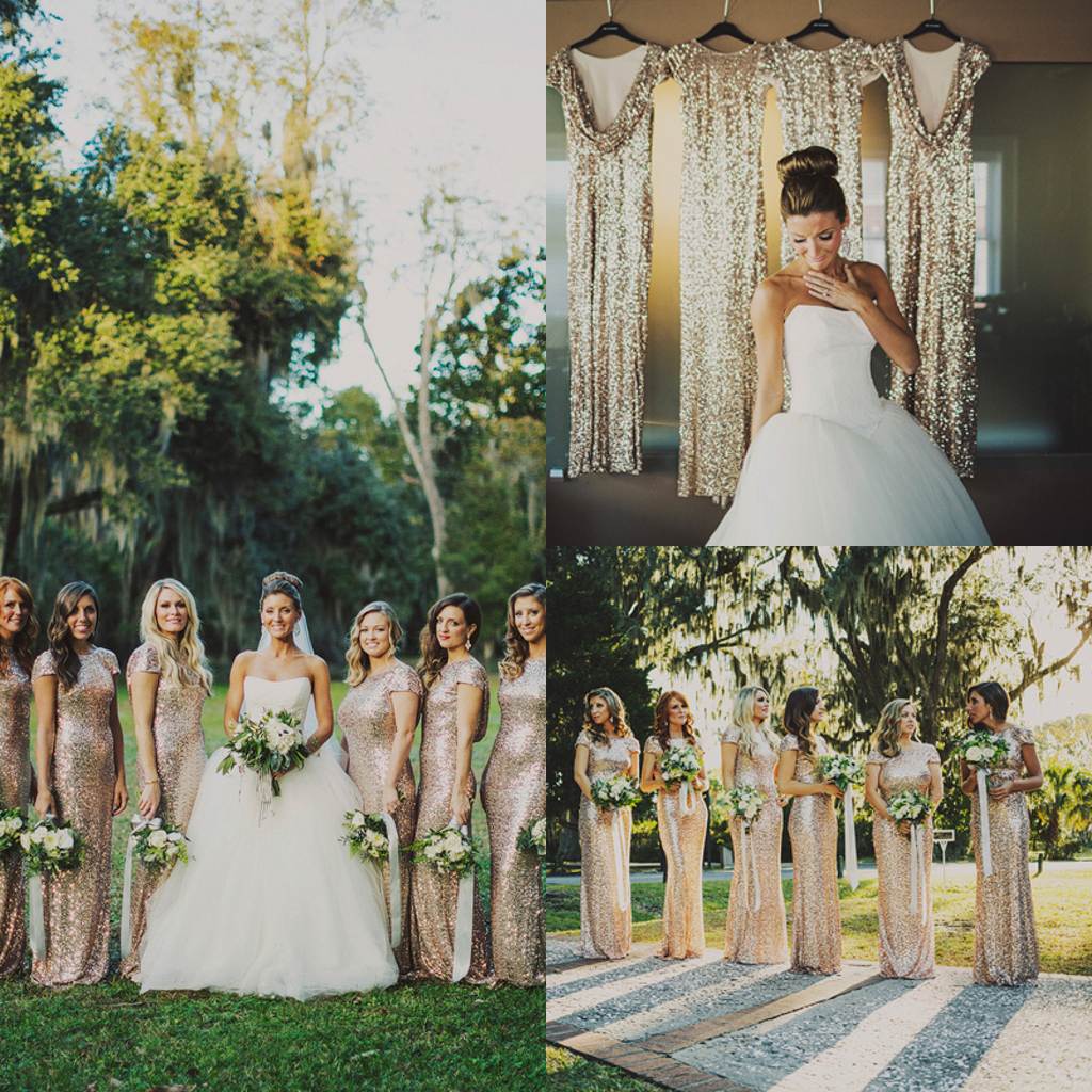 

2019 New Sequin Bridesmaid Dresses With Crew Cap Sleeve Sheath Floor Length Hot Custom Made Fashion Champagne Wedding Prom Party Gowns