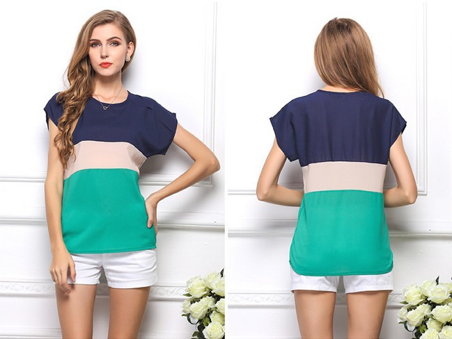 

Wholesale-2015 popular Women Fashion Casual Loose Colors Collision Cool summer shirt was thin Short Sleeve Tops Blouse, Colour green