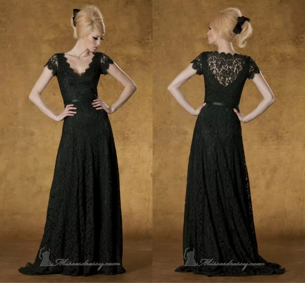 Dentelle noire col en V mère de la mariée robes longues étage longueur une ligne avec manches courtes Custom Made Taille Plus Femmes Evneing Part