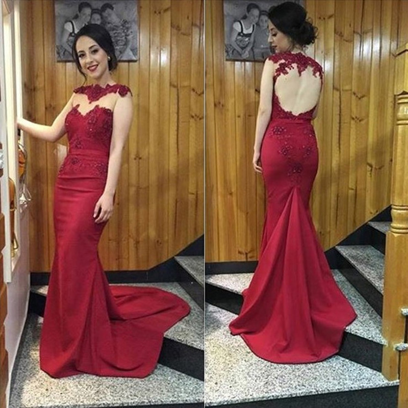

Elegant 2017 Red Satin Long Mermaid Prom Dresses Sexy Cut Out Back Sheer Neck Lace Appliques Beads Formal Party Gowns Custom Made EN102818, Gold