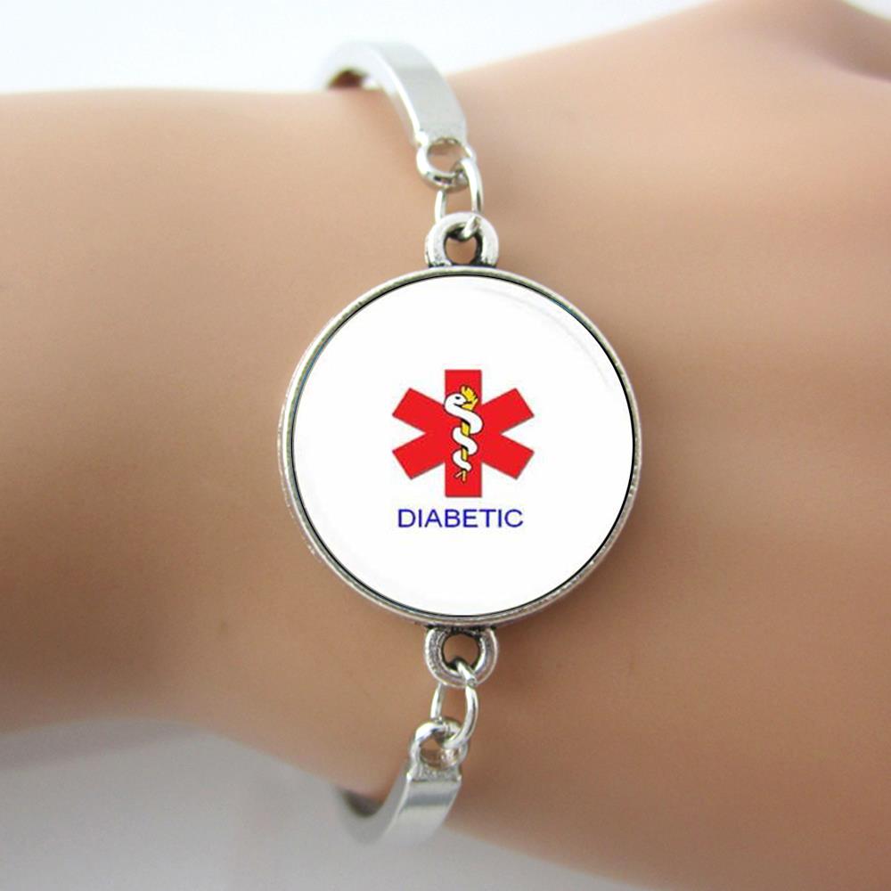 Handmade Alert Medical Diabetic Glass Tile Bracelets Bangle Antique Silver ,Rhodium Plated New Design Jewelry 1 piece Hot Sell-image-259164064