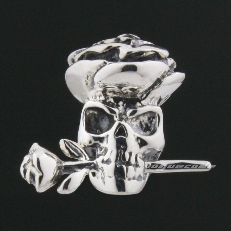 

925 Sterling Silver Rose Skull Flower Mens Biker Rocker Stud Earring 8R003