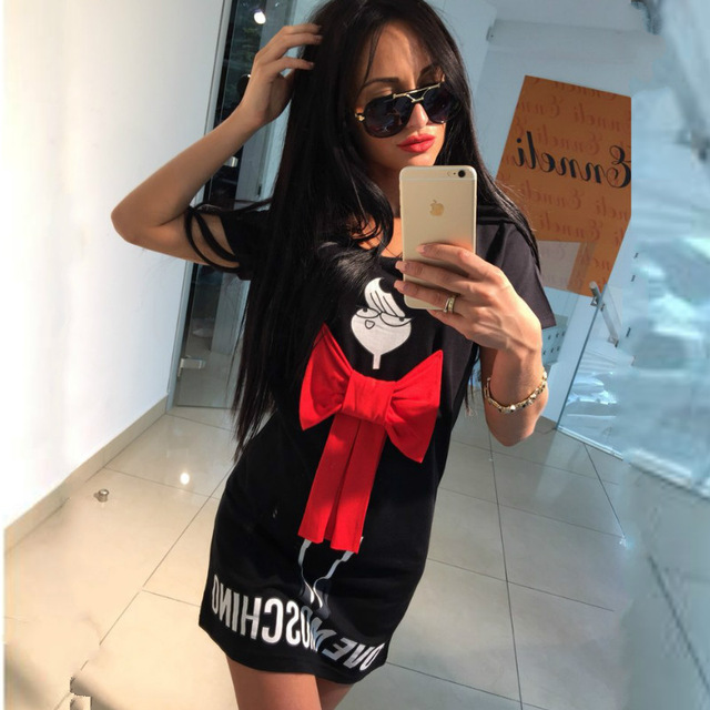 

2016 Summer Cartoon Letter Character Print Red Bow Dress Casual O-neck Short Sleeve Dresses Vestidos Fashion Loose Women Dress Plus Size XL, Black;gray