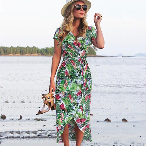 Lcw New Fashion Womens Elegant Bohemian Wrap V Neck Belted Tropical Floral Print Summer Beach Party Casual Asymmetrical Long Dress