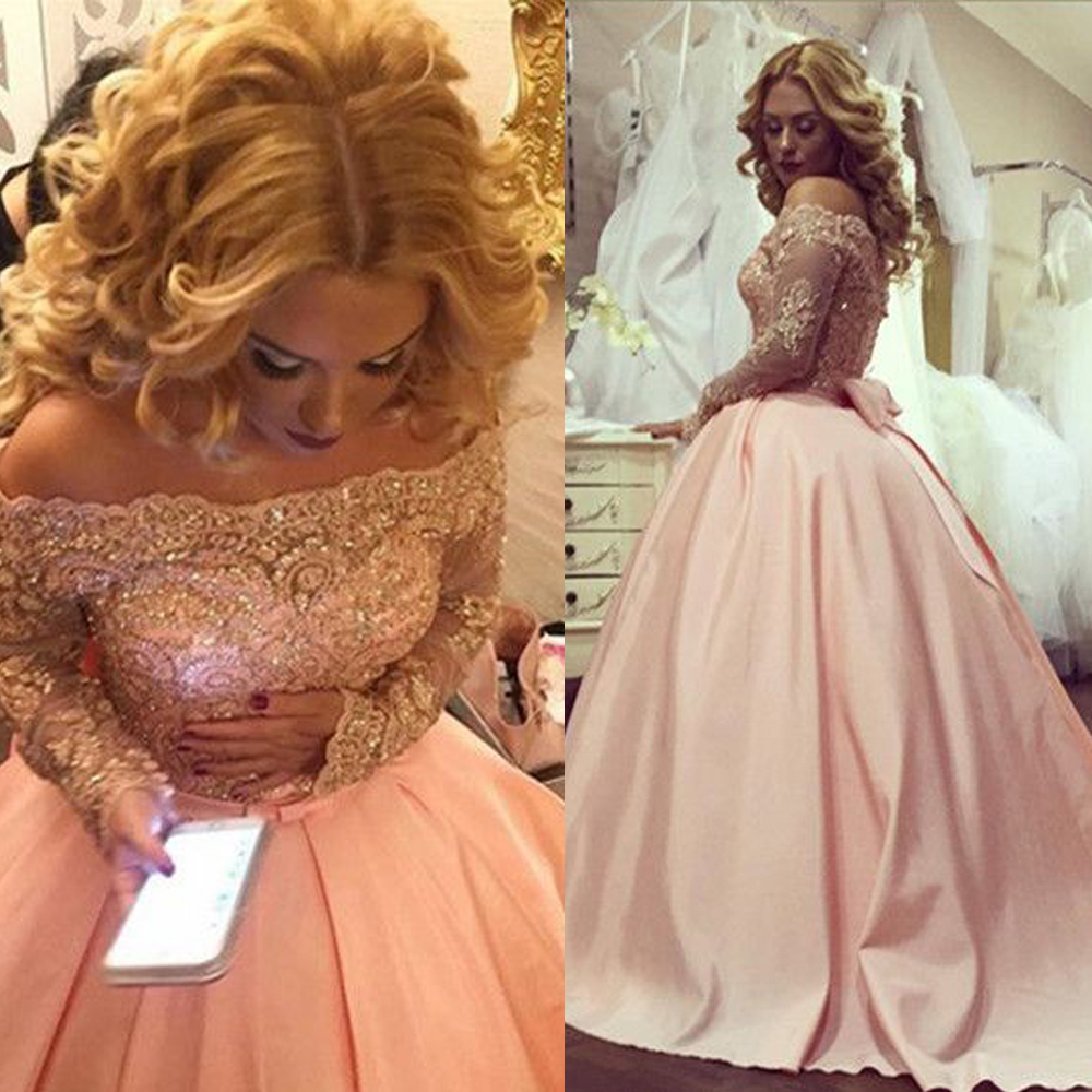 

Custom Made Off the Shoulder Long Sleeves Nude Pink Satin Prom Gowns with Crystals Bow Back Evening Gowns, Lavender