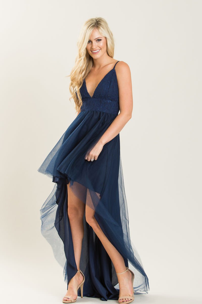 

Sexy Navy Bridesmaid Dresses Hi Lo Lace Top Sexy Backless Long Bridesmaid Gowns Wedding Party Dresses