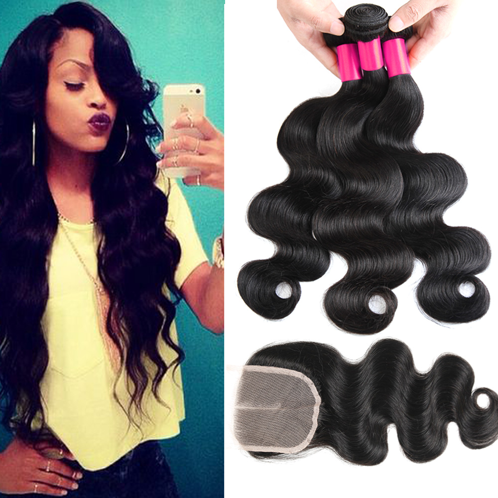 

7A Brazilian Peruvian Indian Malaysian Hair 3Bundles With Lace Closure Unprocessed Remy Human Hair Weave Brazilian Body Wave Virgin Hair, Natural color