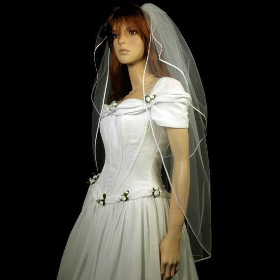 

White Ivory Champagne Two Layer Wedding Veil Fingertip Length Bridal Veil Ribbon Edge 178