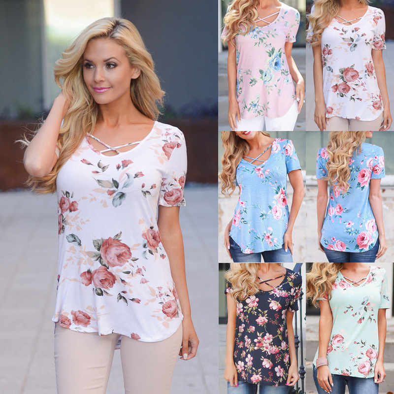 

2017 Summer Slim Floral Print Blouses Short Sleeve T Shirt Women Neckline Cross Sexy V Neck Women' T Shirt Tops Tees, Light blue