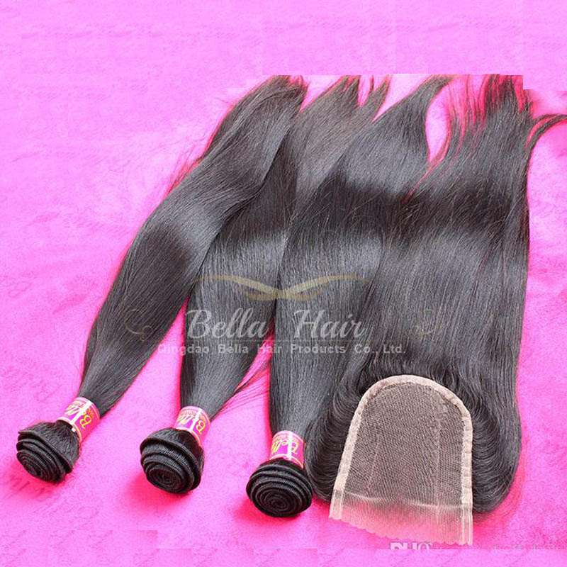 

Malaysian Human Hair Wefts with Closure straight Hair Extensions 3pieces with one laceclosure Three part 4pcs/lot Natural color Bellahair