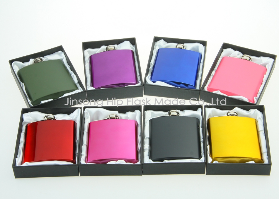 

Color coated 6oz stainless steel hip flask in black gift box packing , white silk lined,personalized logo free