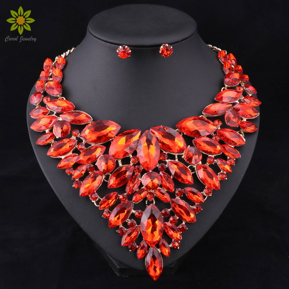 

2016 Fashion Nigerian Wedding African Beads Jewelry Sets Red Crystal Necklace Earrings Set Party Wedding Dubai Jewelry Set, White