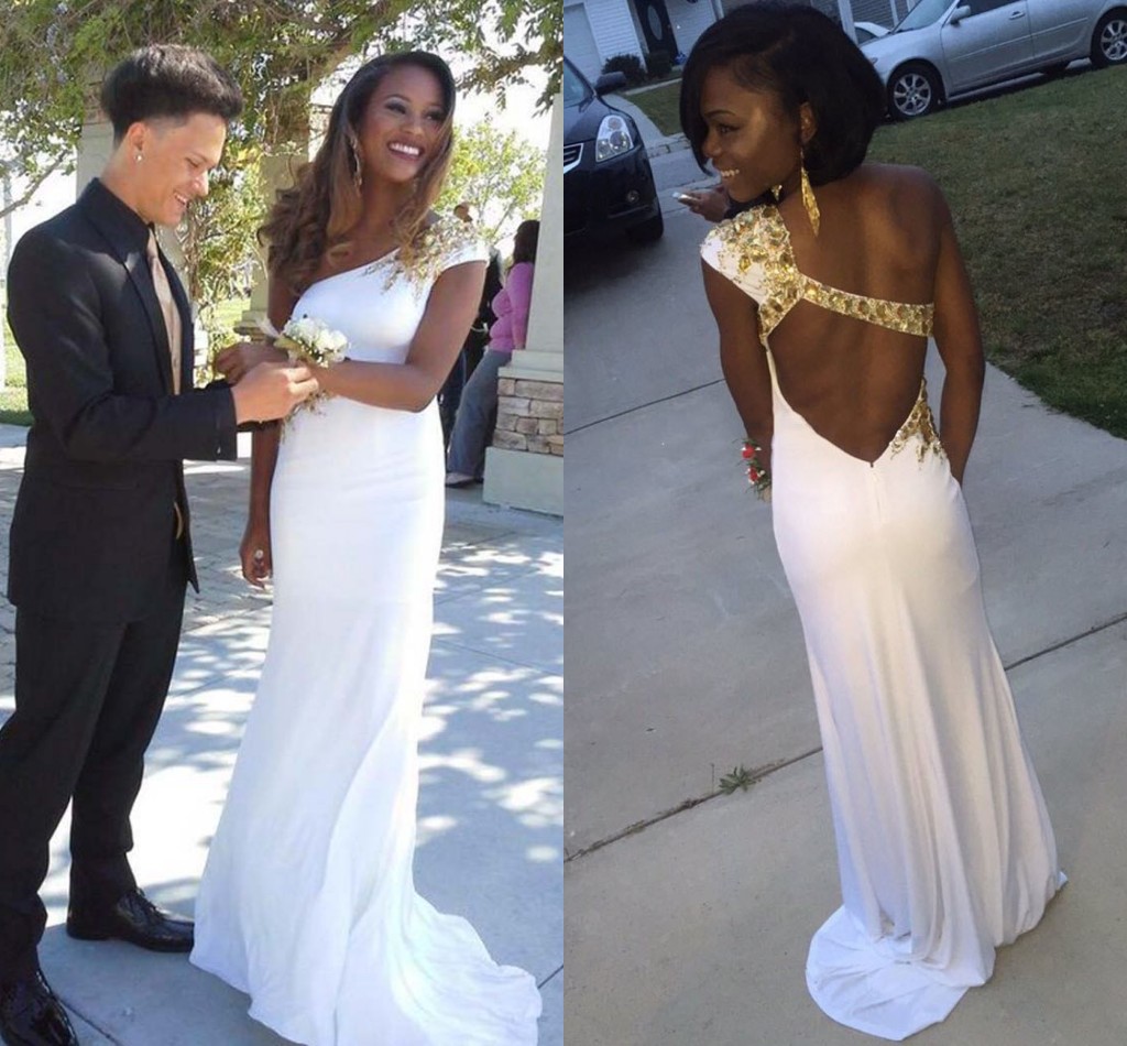 

White Spandex One Shoulder Prom Dresses with Gold Beaded Sequins Sparkly Formal Gowns Open Back Evening Party Dresses Graduation Gowns, Royal blue
