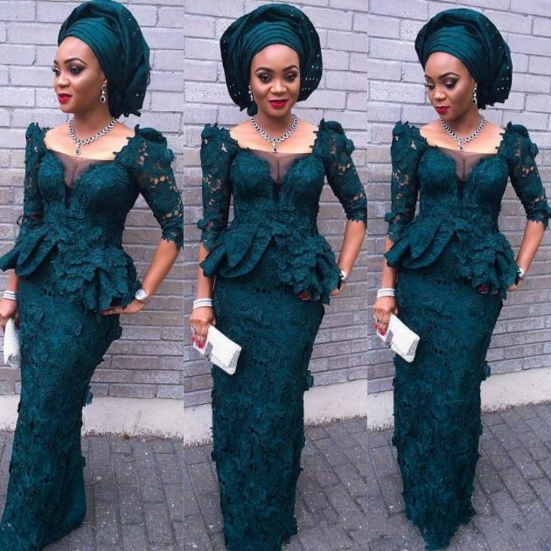 

Dark Green Full Lace Prom Dresses Half Long Sleeve Sheath Floor Length Evening Dresses Sheer Neck Peplum Aso Ebi Formal Party Gowns, Hunter